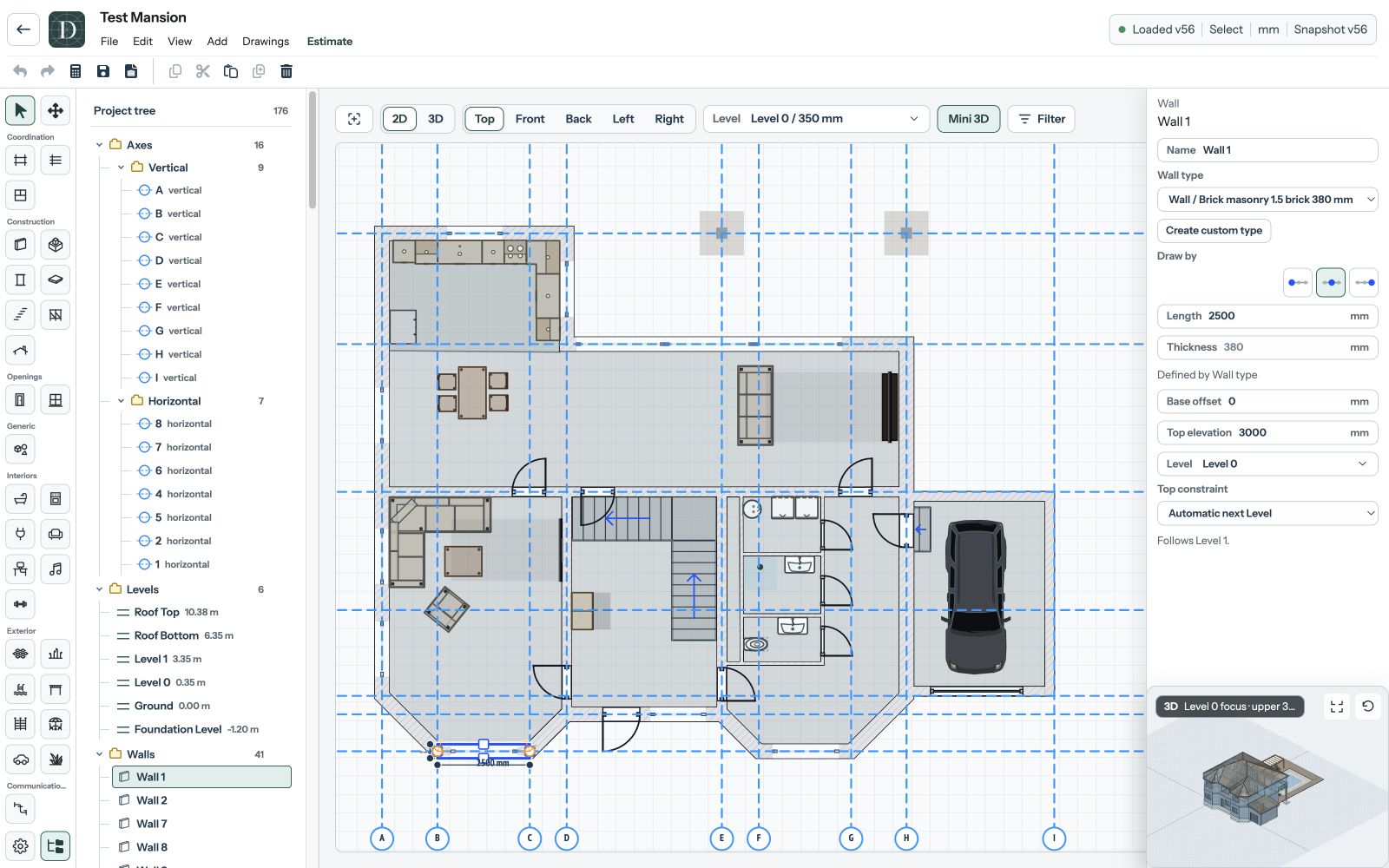 Actual Dravit workspace: centered Level 0 plan, selected wall details in the right inspector and live mini 3D view in the corner