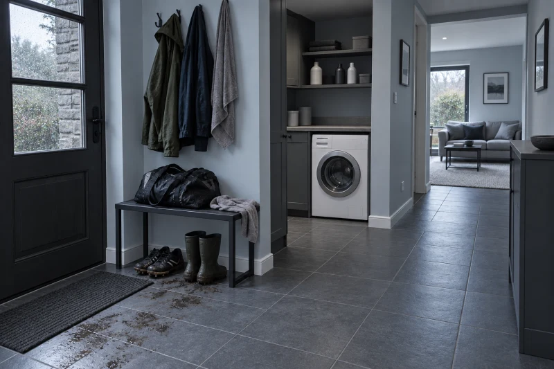 Wet sports shoes and a bag sit by an entrance bench beside an open laundry alcove, with a living room farther away.