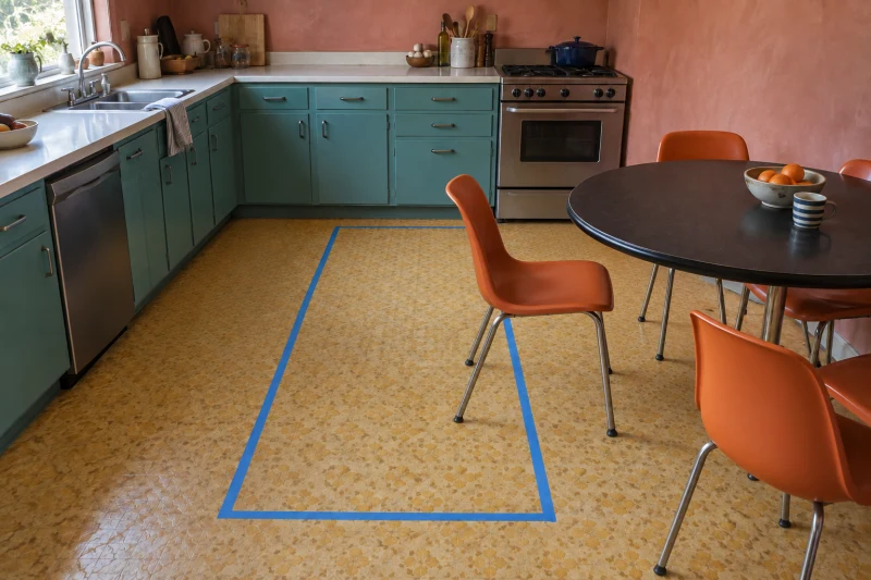 An orange dining chair pulled from a round table overlaps a blue taped island footprint on the kitchen floor.