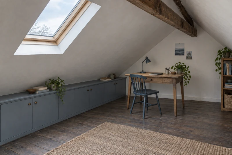 Attic work room with low storage under the roof slope and a desk farther from the eaves.