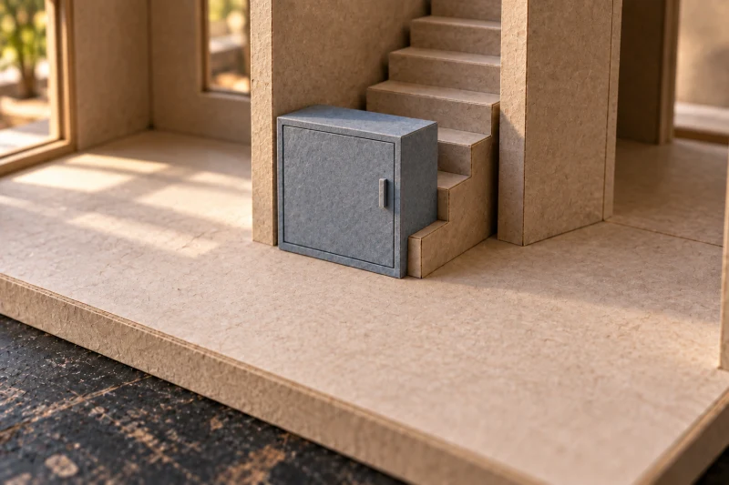 Close view of a cardboard house model with a loose blue-grey cupboard block obstructing the first steps of a staircase.