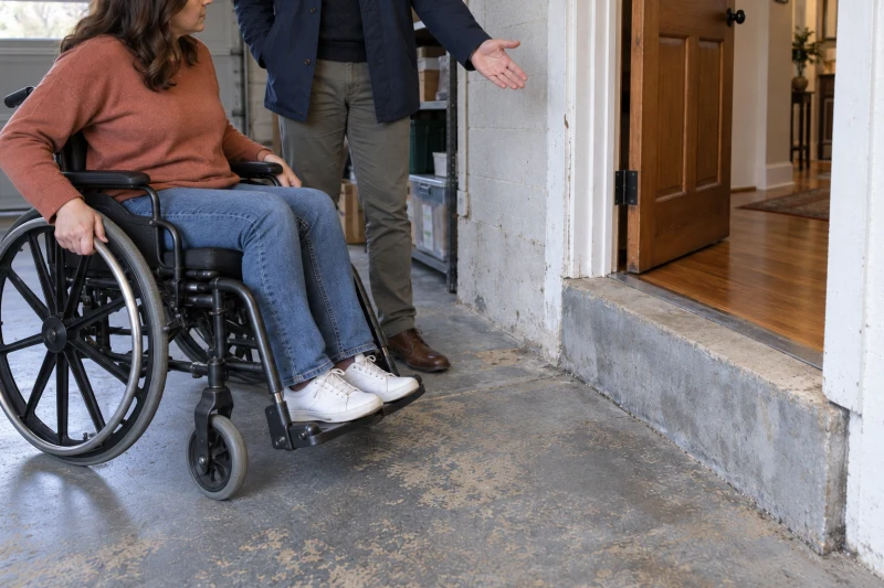 Closer view of the same wheelchair user beside the raised concrete threshold and open wooden door into the house.