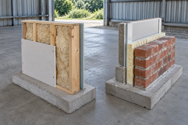 Two short wall-section samples on concrete bases in a shed, one timber-framed and one brick, with several layers visible.