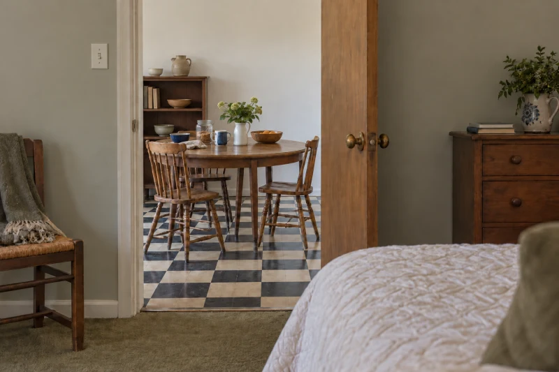 View from a bedroom bed through its open door to a breakfast table on a checkerboard dining floor.