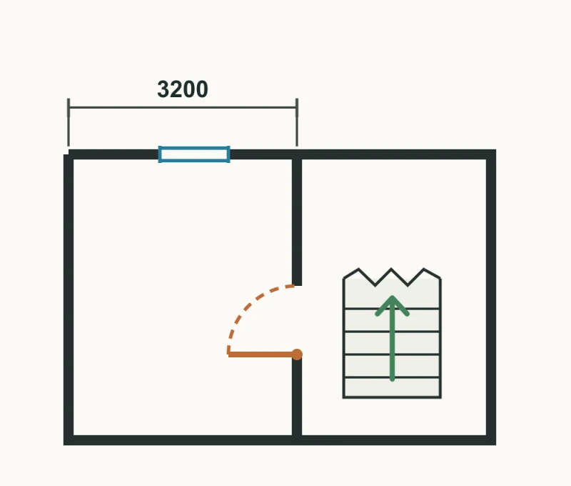 Illustrative plan excerpt showing a window, hinged door swing, partial stair with arrow and break, and a 3200 mm example dimension between wall centres.
