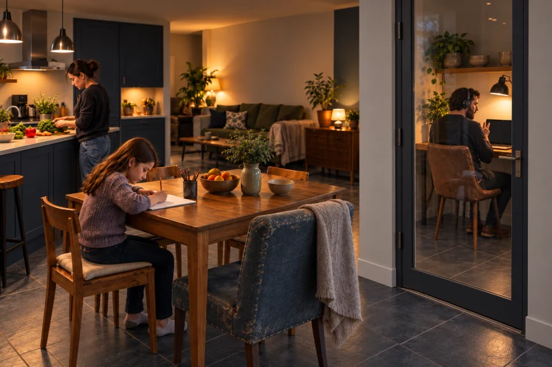 The same family kitchen and dining area, with the caller at a desk behind a closed framed glass door.