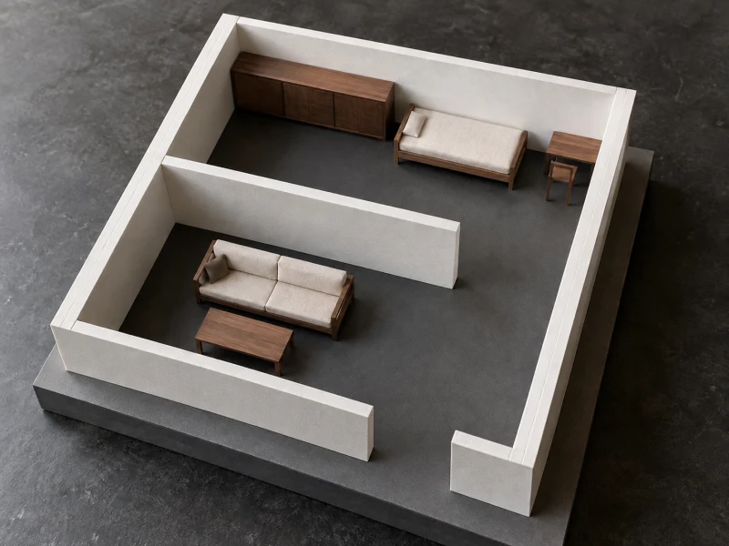 Open-top scale model of two rooms with one thick partition, a wide passage, a guest bed, desk and storage cupboard.