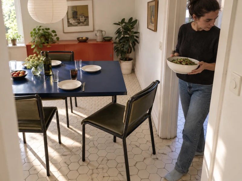 Close view of a pulled-back dining chair beside the kitchen opening as the woman holds a bowl.