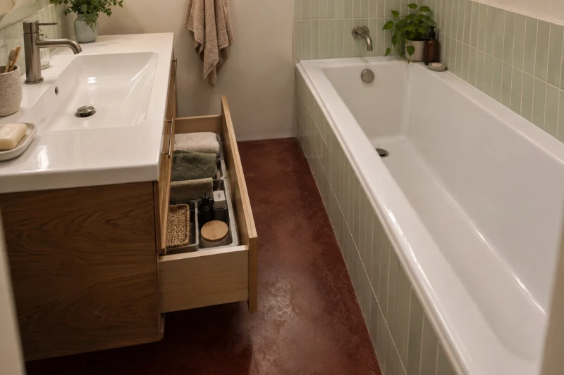 Open washstand drawer beside a bathtub, with a narrow strip of floor remaining between them.