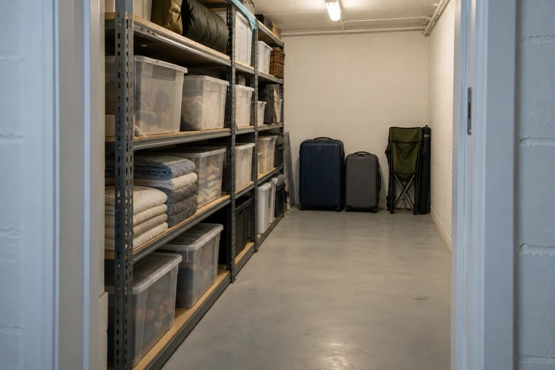 Metal shelves, unmarked bins, folded linens and two suitcases beside a clear concrete-floor aisle in a small store room.