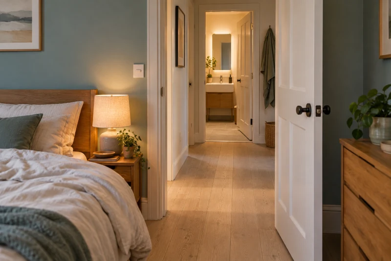 Unmade bed beside a short wood-floored hall leading to a lit bathroom with a sink.