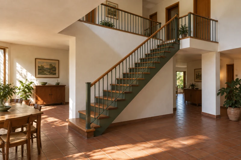 Timber staircase rises from a terracotta-tiled ground floor beside a dining area to a railed upper landing.