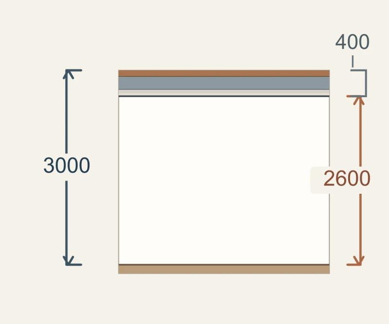 Section diagram with 3000 millimetres between finished floors, 2600 millimetres of clear room height, and 400 millimetres for the layers between.