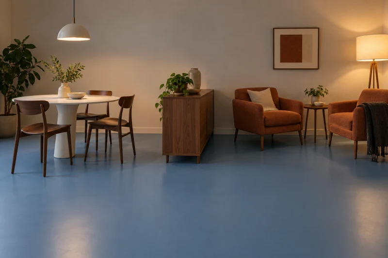 Dining table and two rust-coloured armchairs on a continuous blue floor, with a walnut sideboard separating the zones.