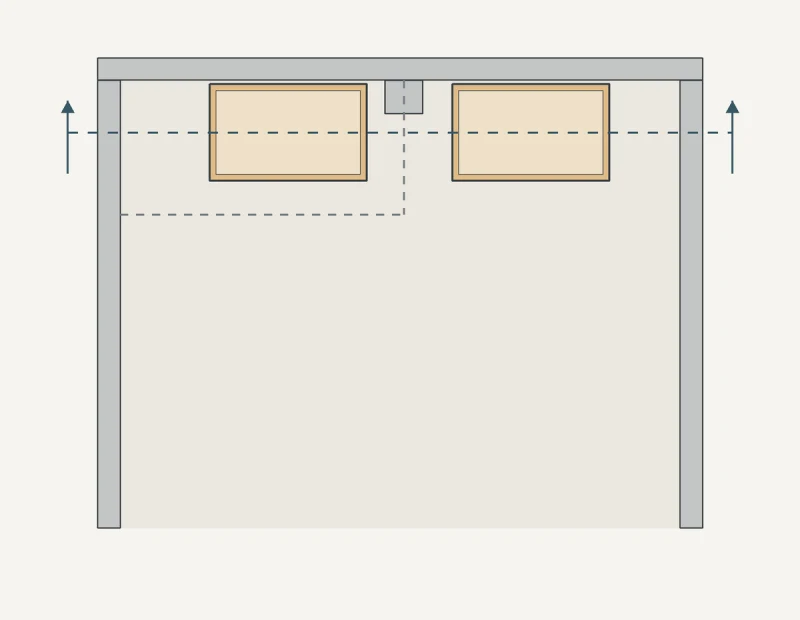 A top-down plan shows two cupboard footprints along the rear wall, a dashed overhead box on the left and a horizontal section line through both units.