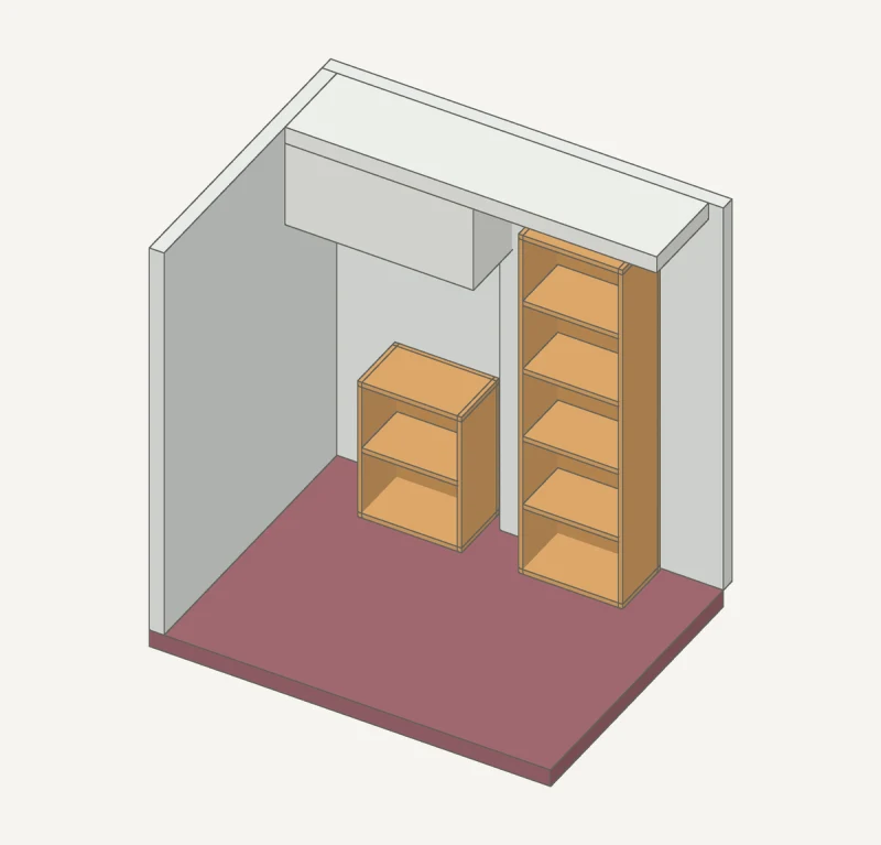 An authored digital 3D cutaway shows the same alcove after revision, with a short left cupboard beneath the ceiling box and a tall right cupboard beneath the higher ceiling.